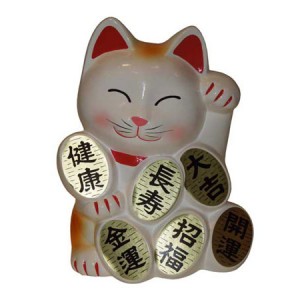 chat japonais: maneki neko blanc,avec des pieces d'or