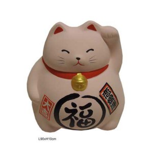 Chat japonais, maneki neko blanc, patte gauche levée, chat tirelire.